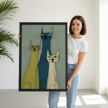 Mid-Century Modern Cats Trio Framed Canvas Wall Art l2690
