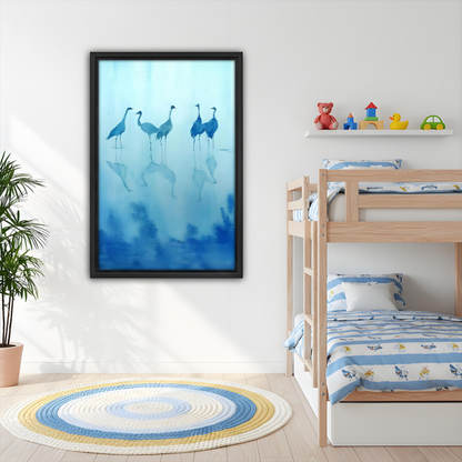 Blue crane watercolor reflection framed wall art, black frame, five cranes in misty blue, kids room decor above bunk bed with colorful toys