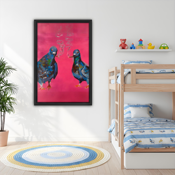 Two pigeons pink pop art framed wall art, black frame, bold blue birds on hot pink, kids room decor above bunk bed with colorful toys