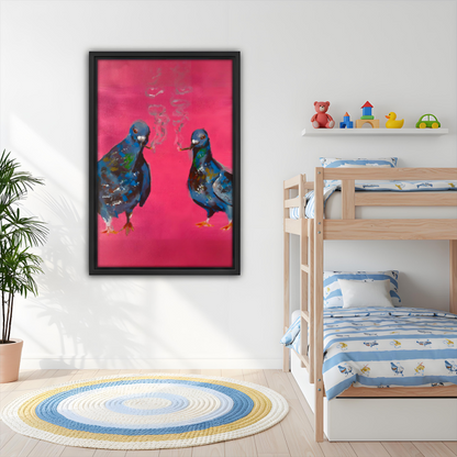 Two pigeons pink pop art framed wall art, black frame, bold blue birds on hot pink, kids room decor above bunk bed with colorful toys