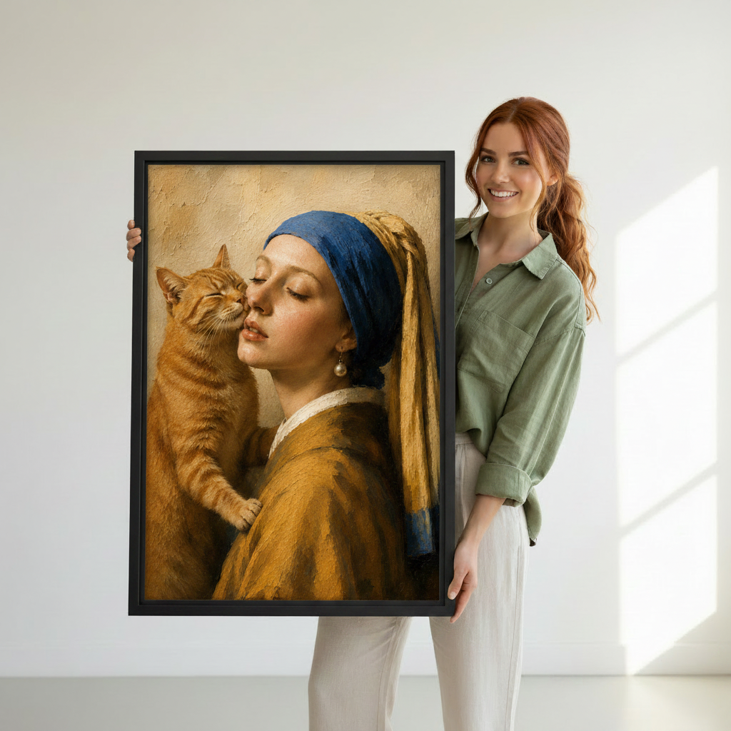 Black framed classical Vermeer-inspired girl and orange cat canvas art held against white background