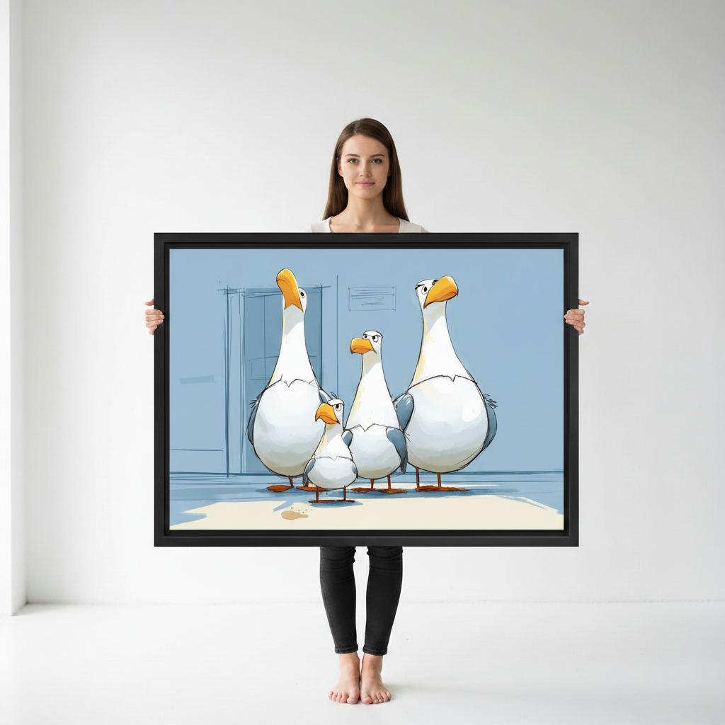 Seagull family wall art in black frame above wooden sideboard, living room decor