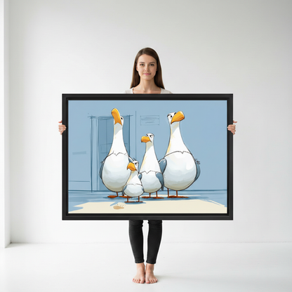 Seagull family wall art in black frame above wooden sideboard, living room decor