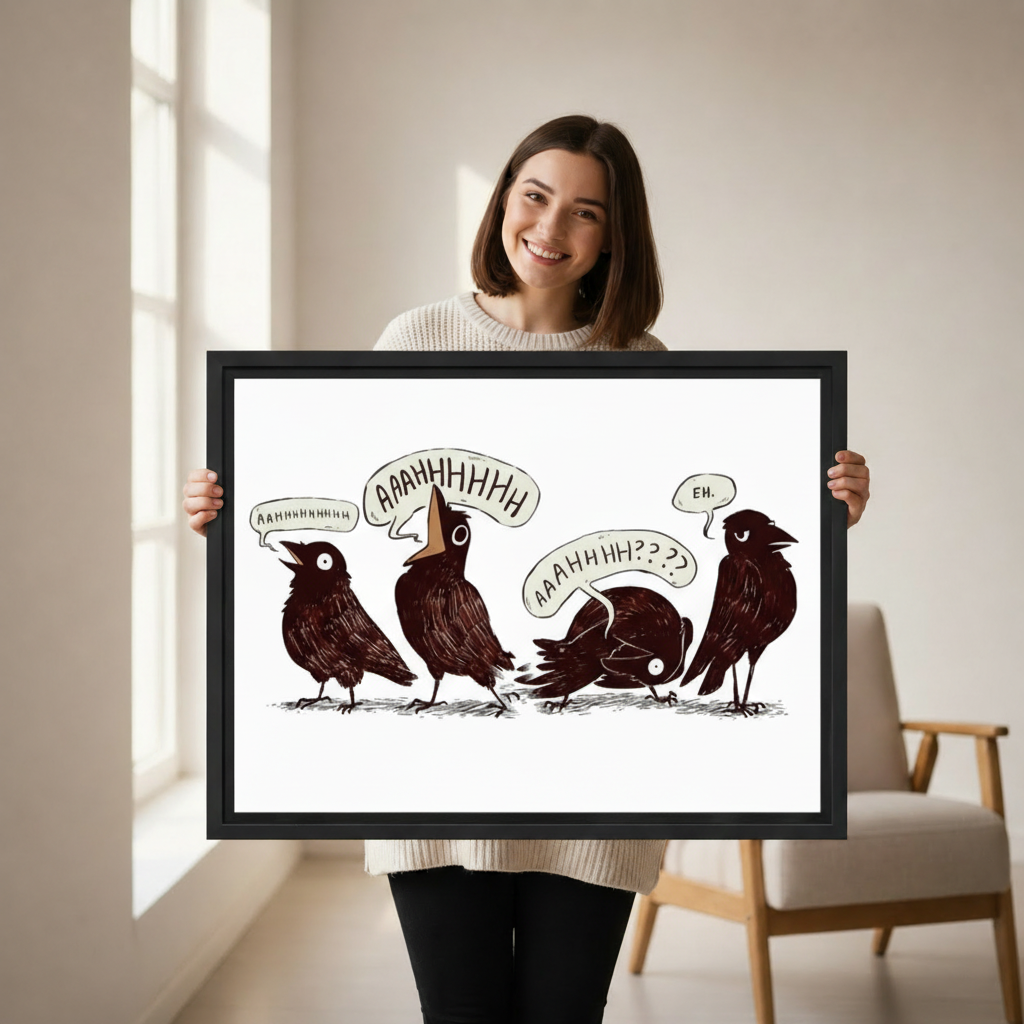 Comic crow framed print hanging on living room wall, modern home decor