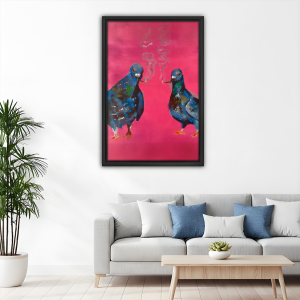 Two pigeons pink pop art oil painting framed canvas, black frame, bold bird wall art above gray sofa with blue cushions, eclectic living room decor