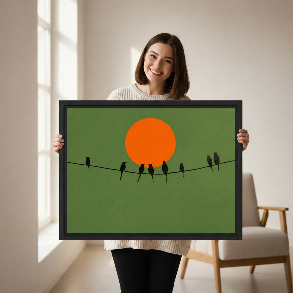 Woman holding large minimalist birds on wire canvas print, sunset silhouette wall art on olive green background, modern nature home decor gift
