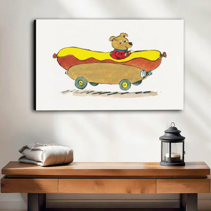 Whimsical hot dog car canvas art with a dog driver — gallery wrap print for a fun modern home