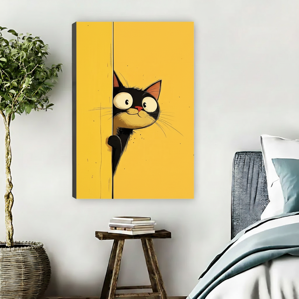 Peeking Black Cat Funny Comic Wall Art Print l1979