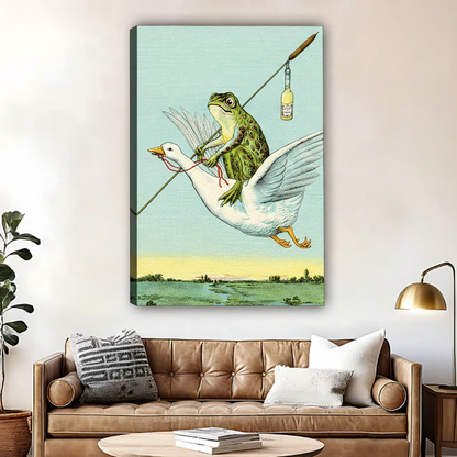Frog riding goose vintage illustration framed canvas print above leather sofa