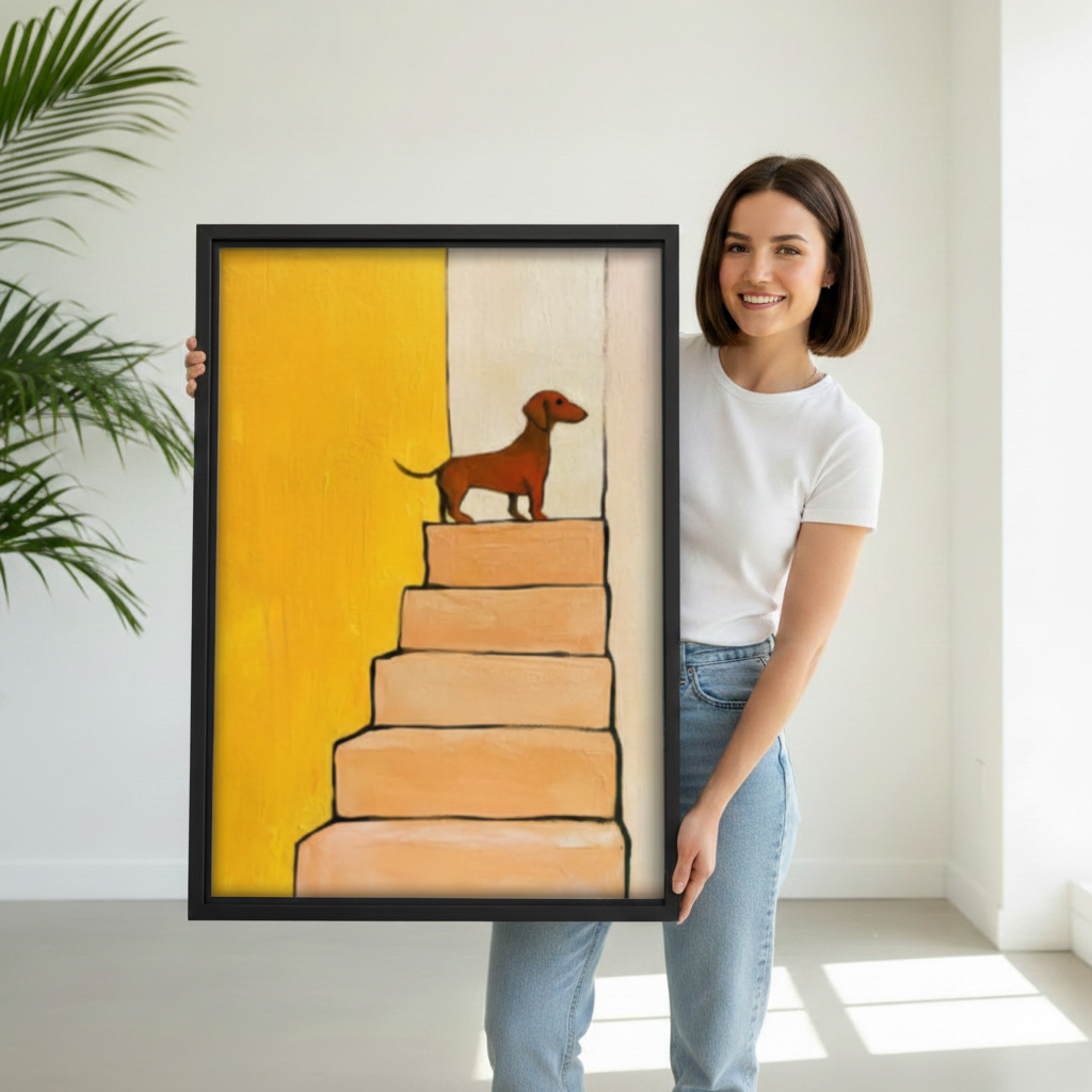 Bold dachshund staircase wall art in black frame