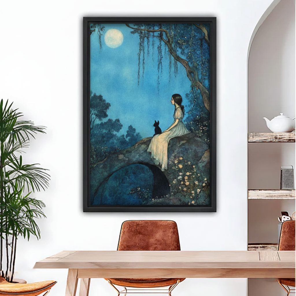 Vintage moonlit girl and black cat fantasy framed canvas wall art, black frame, dreamy blue night illustration with full moon and willow tree, displayed in a modern dining room