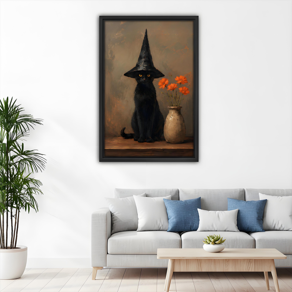 Black cat witch hat oil painting framed canvas print above sofa – gothic vintage wall art for living room
