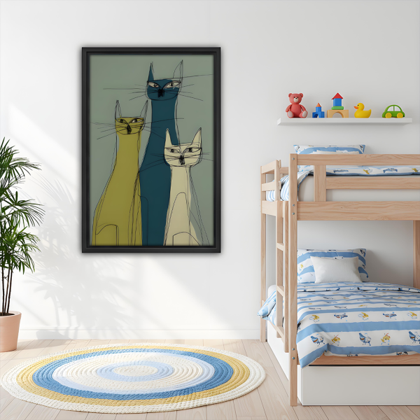 Mid-Century Modern Cats Trio Framed Canvas Wall Art l2690