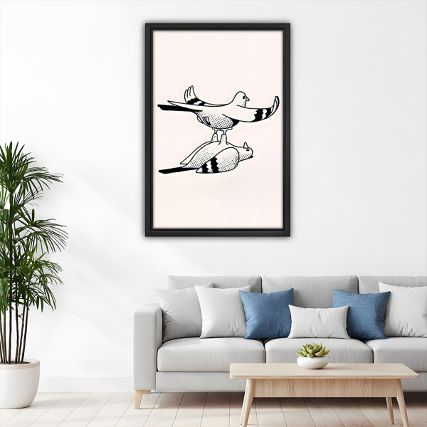 Two stacked pigeons line art framed canvas print above sofa – minimalist Nordic wall art for living room
