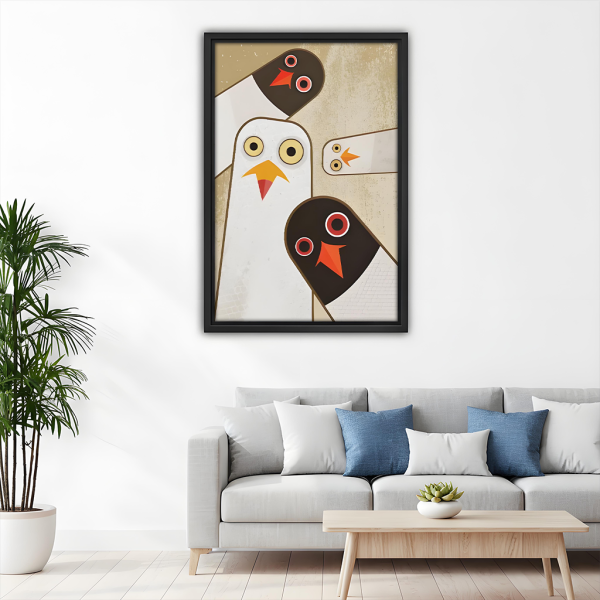 Geometric trio birds framed canvas print above sofa – Nordic abstract wall art for modern living room
