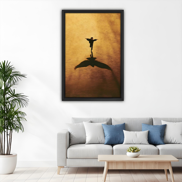Boy bird shadow silhouette framed canvas print above sofa – golden inspirational wall art for living room

