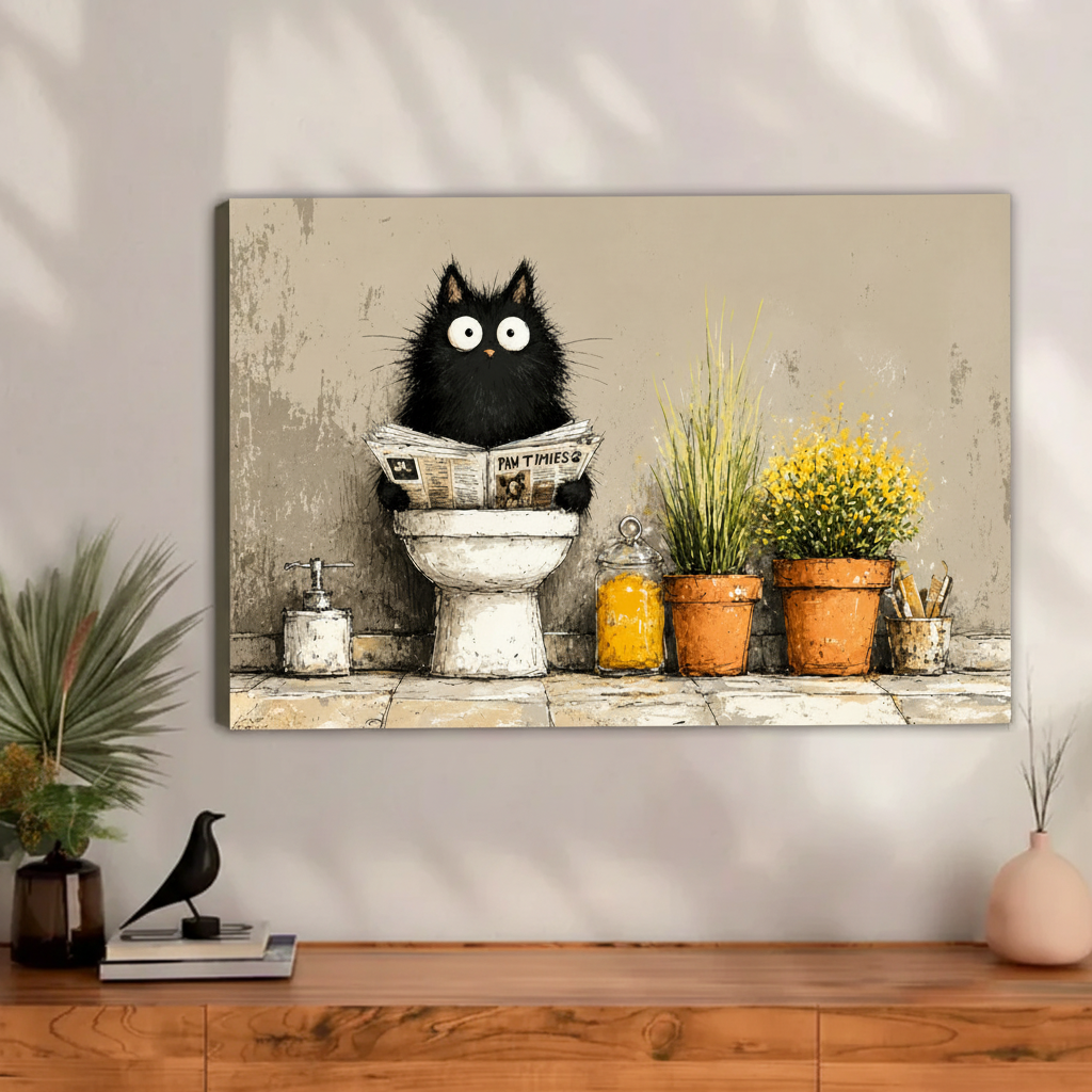 Gallery wrap funny cat reading newspaper canvas – bathroom humor wall art