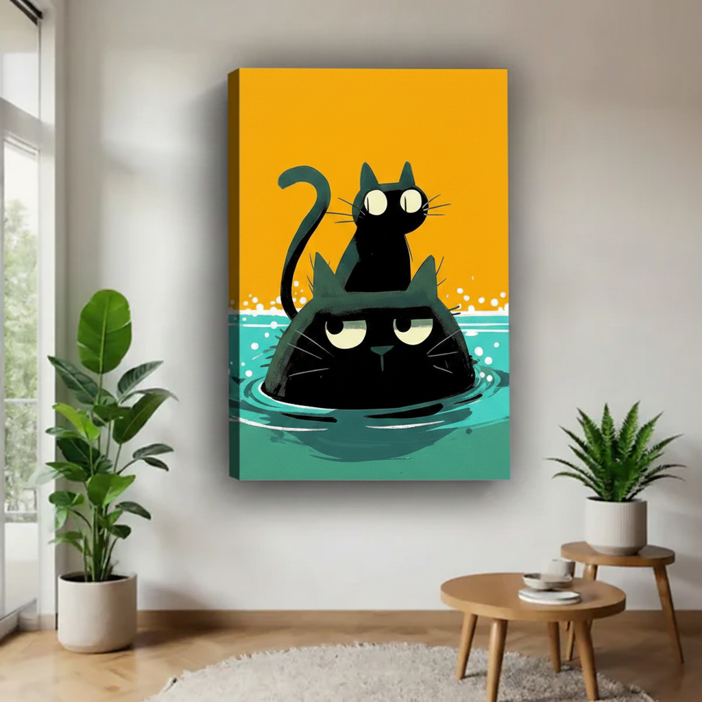 Funny black cat stacked in water colorful canvas print — playful illustrated cat wall art for modern home and cat lovers