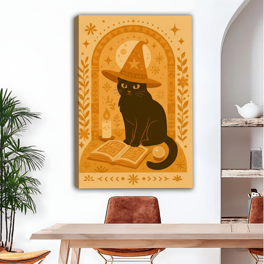 Black cat witch hat magic book gallery wrap canvas art, frameless warm golden folk art illustration for living room decor