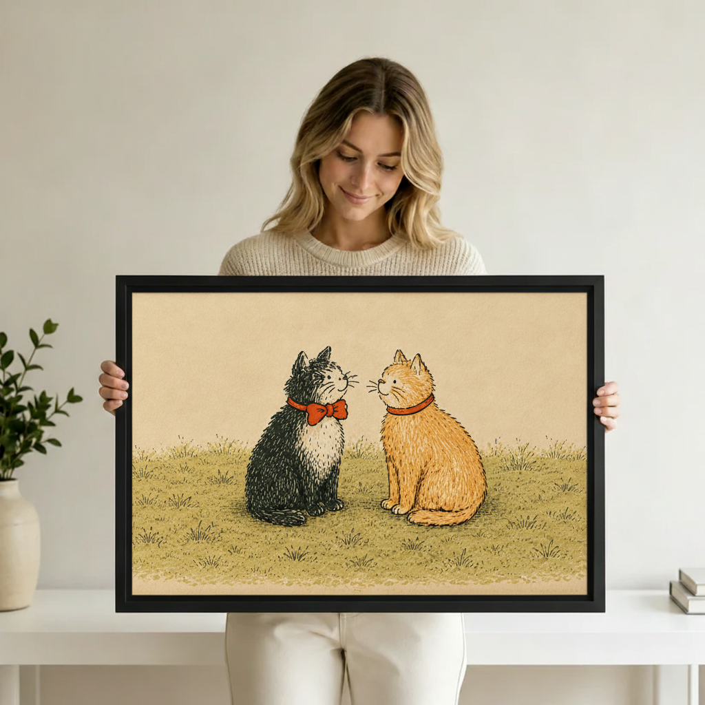 Whimsical cat couple art print in black frame, retro illustration style home wall decor