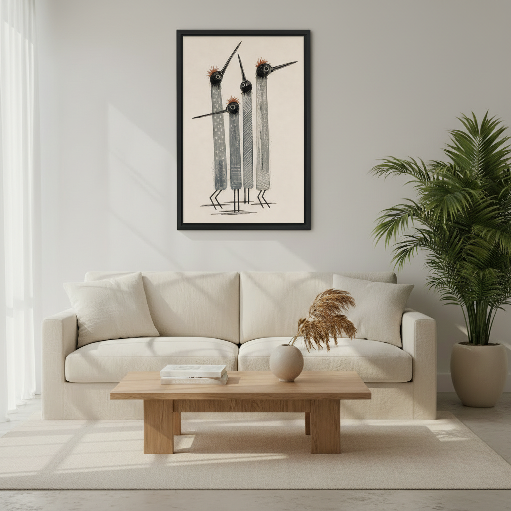 Gray bird trio art print, abstract sketch style illustration, minimalist wall decor for modern spaces