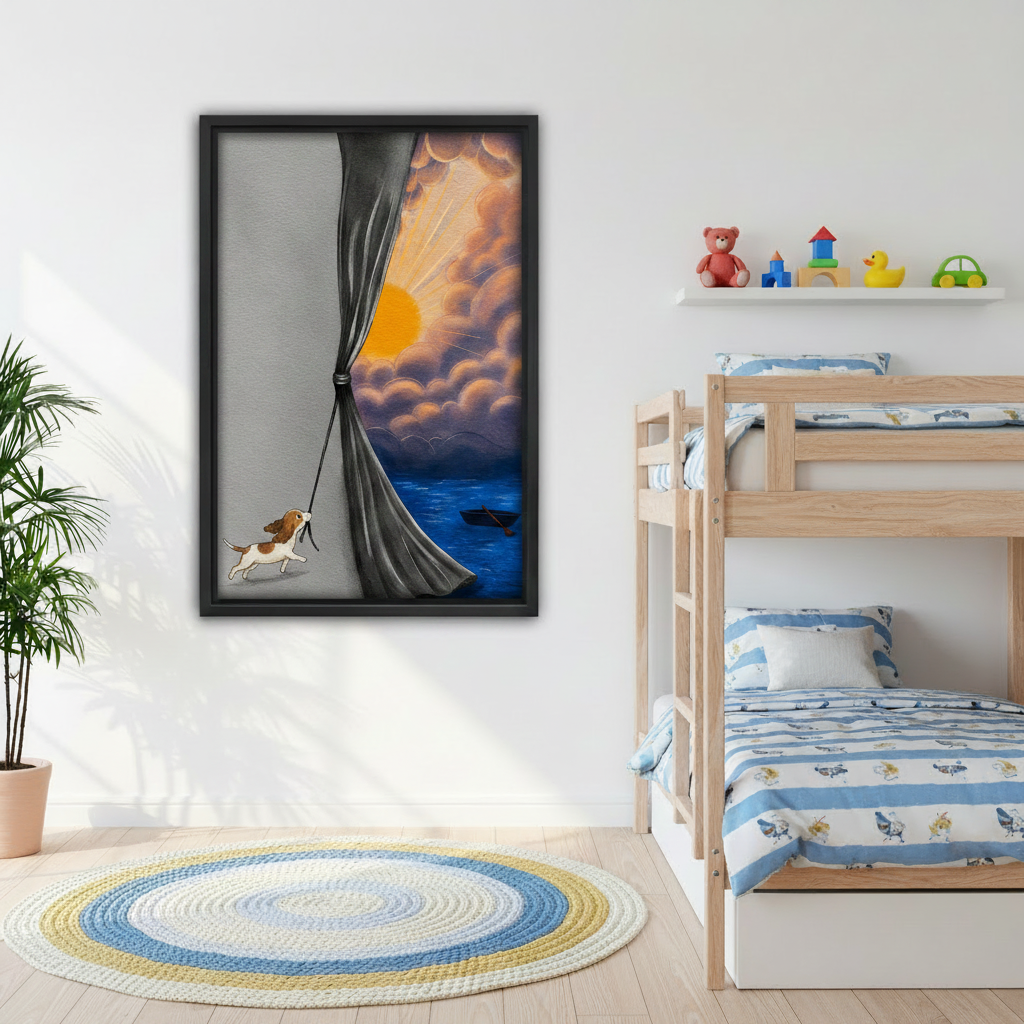 Framed whimsical dog sunrise wall art above gray sofa – storybook canvas print for living room