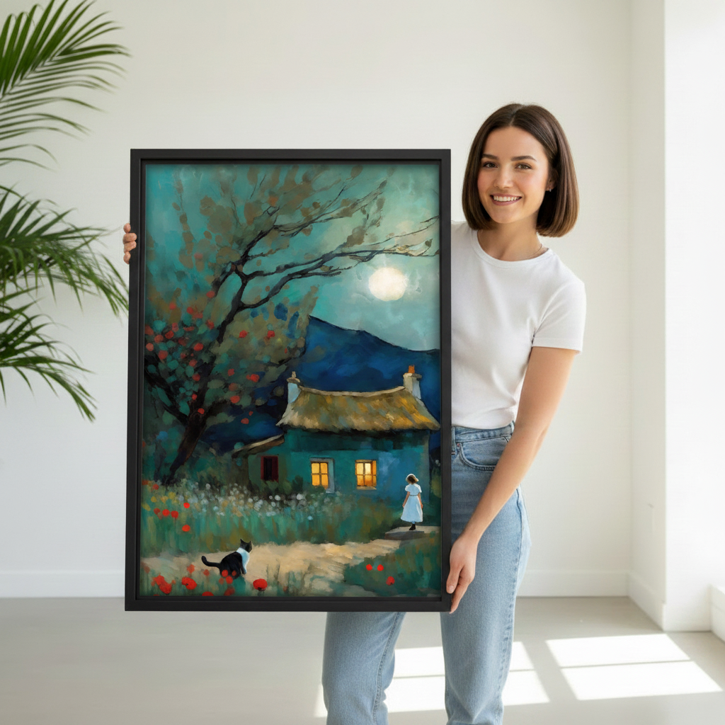 Woman holding moonlit cottage girl cat framed canvas wall art, black frame, dreamy impressionist teal night oil painting with glowing cottage windows, minimalist white room display