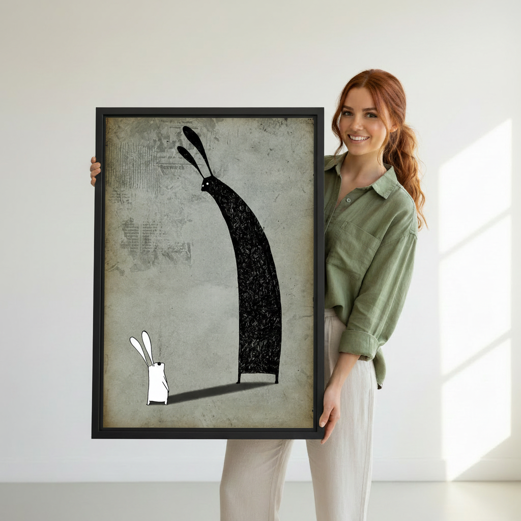 Woman holding white rabbit shadow surreal canvas wall art — philosophical black and white art print, hand-held display