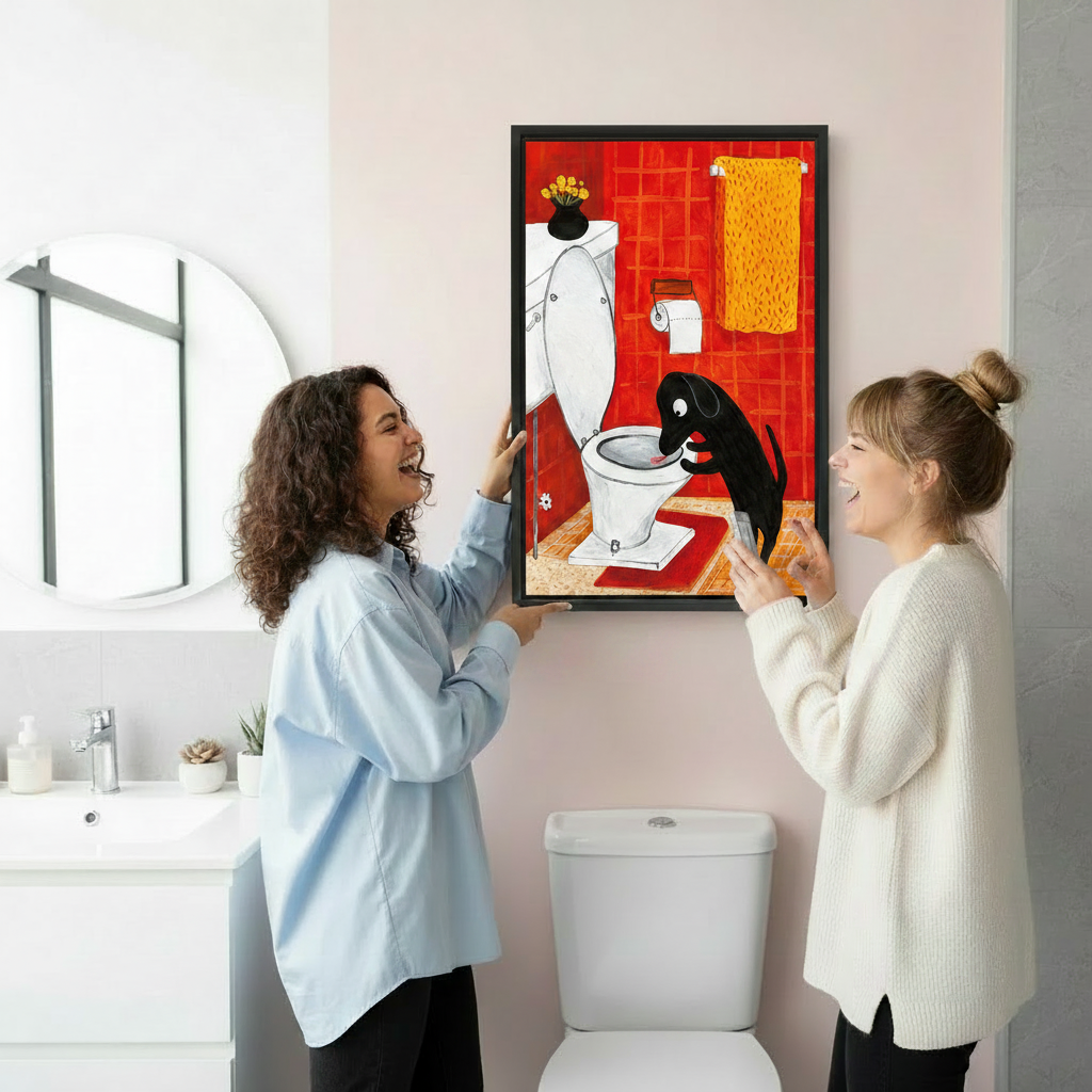 Hand holding funny black dog drinking toilet wall art print showing canvas size