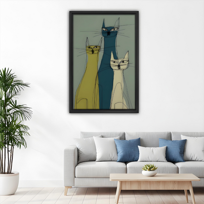 Mid-Century Modern Cats Trio Framed Canvas Wall Art l2690