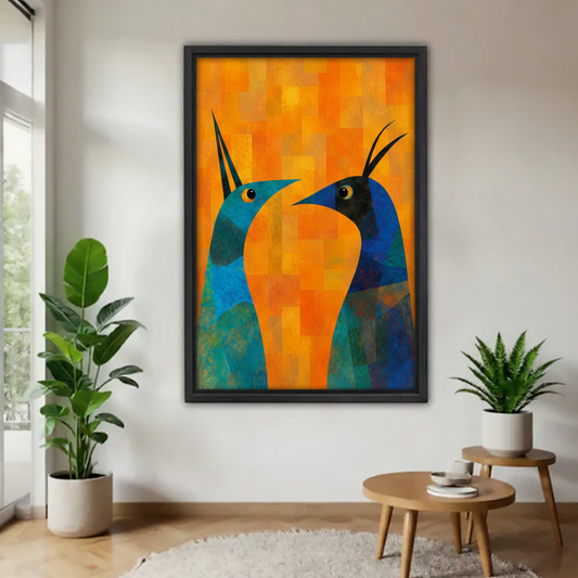 Abstract colorful birds illustration framed canvas art above cream sofa in bright modern living room