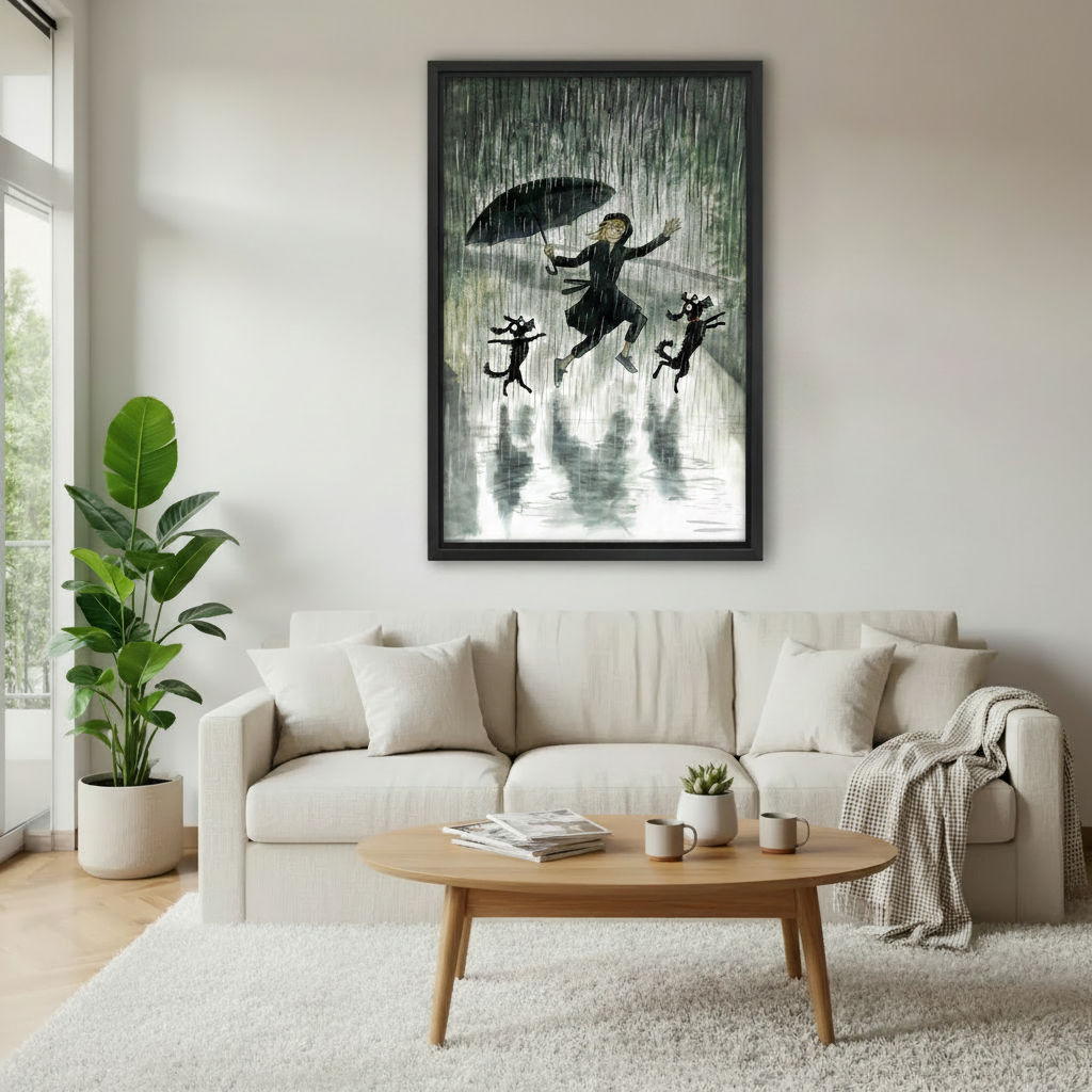 Girl dancing in rain with cats whimsical framed canvas hanging in bright modern living room — anime-style wall art with plants and natural light