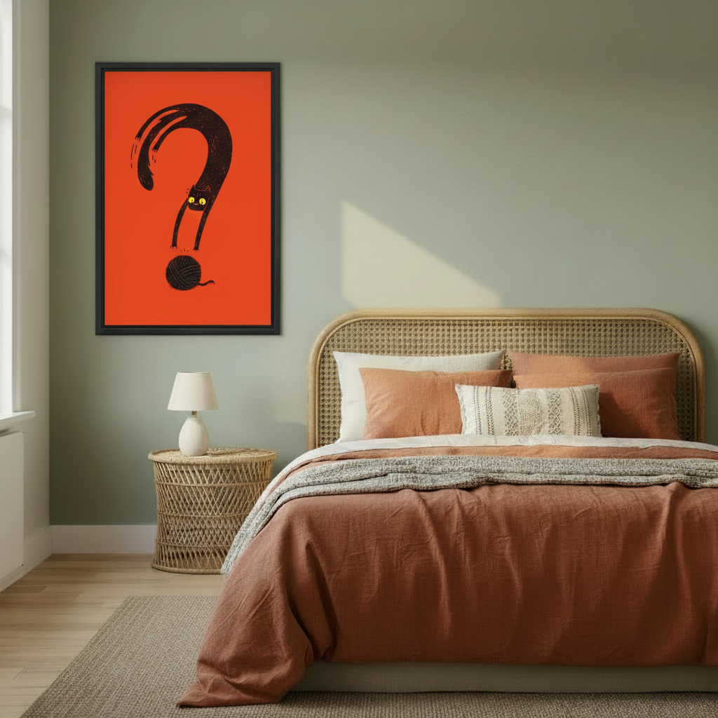 Black cat question mark bold graphic framed wall art – black frame, vivid orange-red background, hung in cozy boho bedroom with rattan headboard and warm terracotta bedding