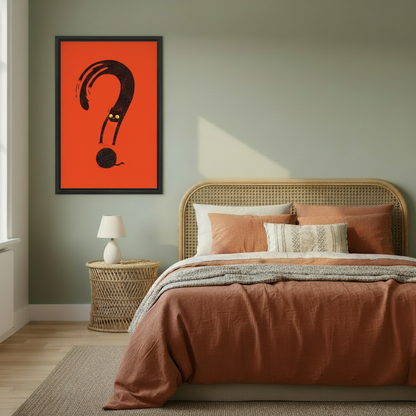 Black cat question mark bold graphic framed wall art – black frame, vivid orange-red background, hung in cozy boho bedroom with rattan headboard and warm terracotta bedding