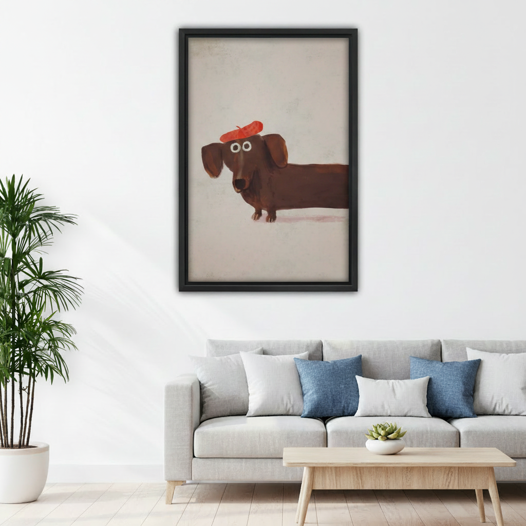 Funny dachshund red beret framed canvas above living room sofa, whimsical oil painting style wiener dog portrait on grey background, cozy home decor