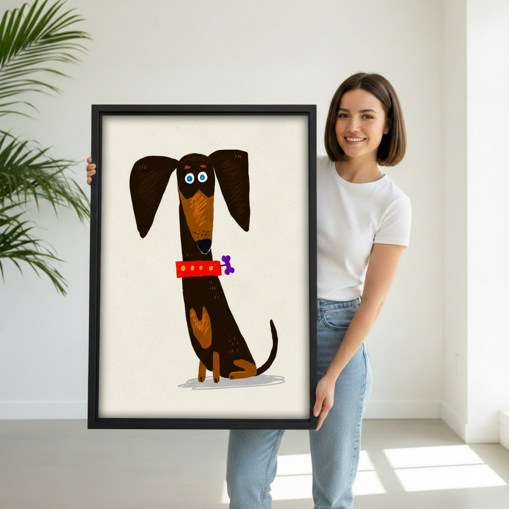 Woman holding cute dachshund dog canvas wall art print with black frame, white studio background