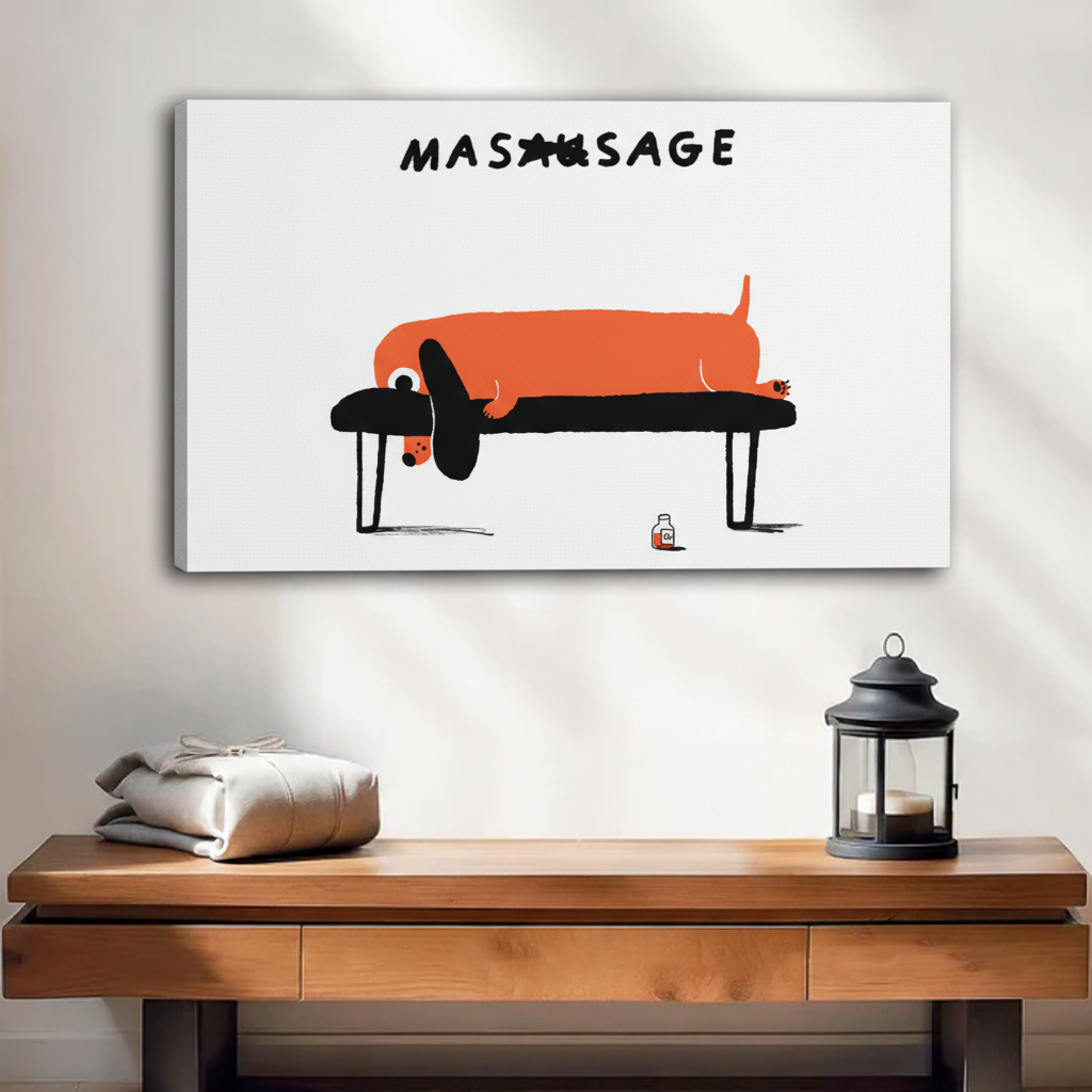 Dachshund on massage table funny canvas art gallery wrap — witty pet humor wall decor for dog lovers