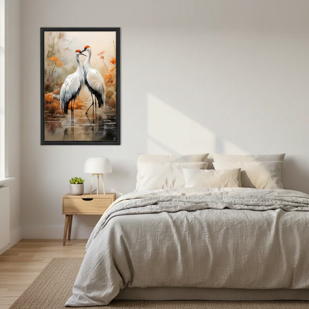 Japanese Crane Pair Watercolor Canvas Wall Art - Autumn Nature Bird Print for Bedroom Decor