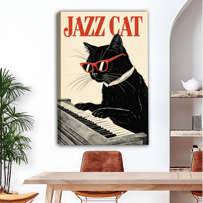Retro Jazz Cat piano gallery wrap canvas wall art no frame in dining room, cool black cat musician red sunglasses wall decor