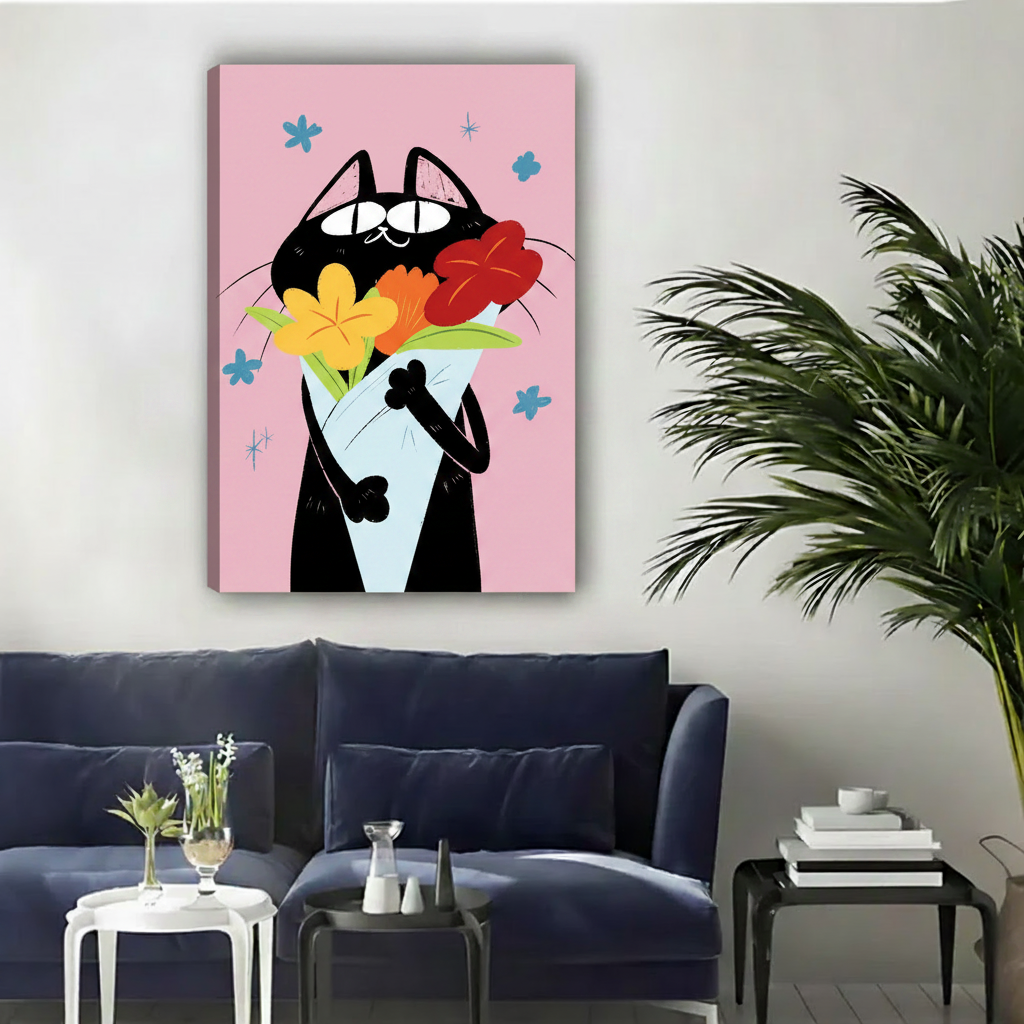 Cute black cat with colorful flower bouquet retro gallery wrap canvas, charming pink cat wall decor