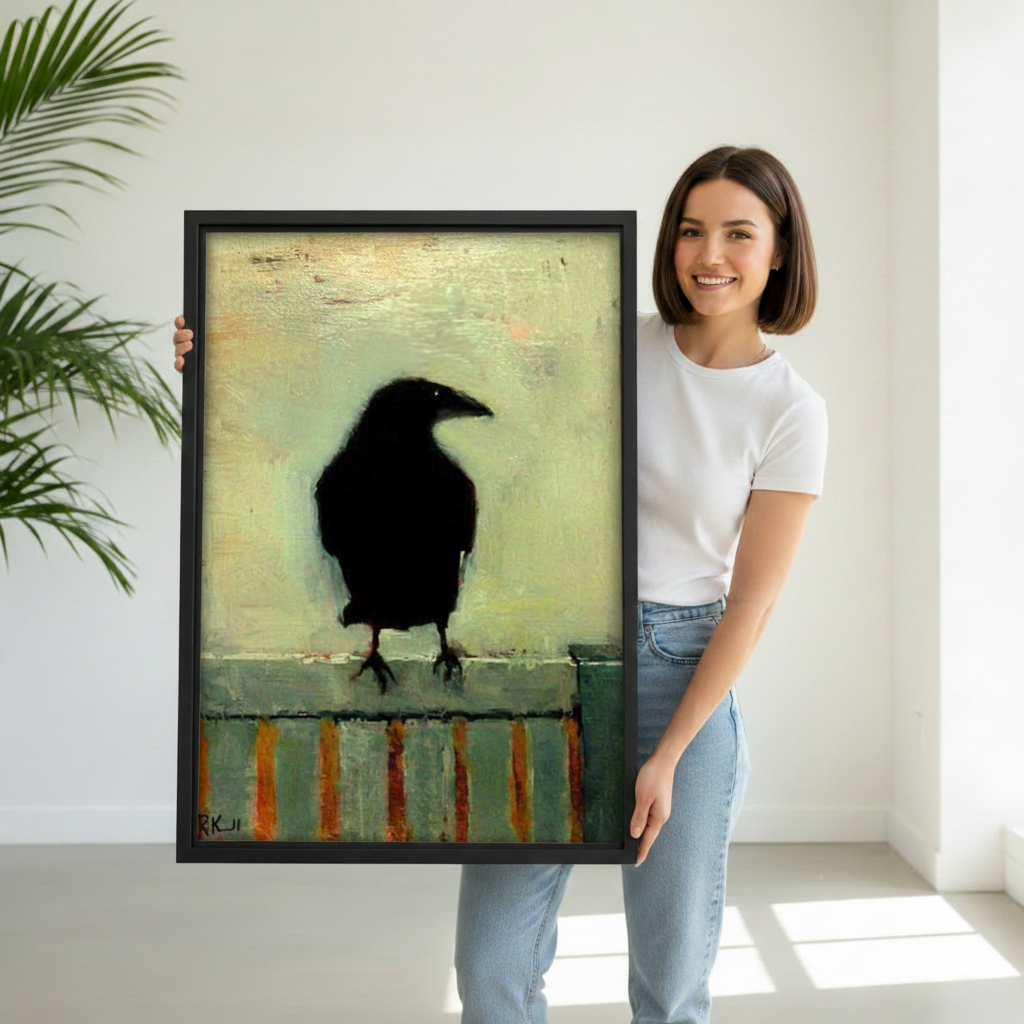 Woman holding dark raven oil painting canvas wall art print with black frame, white studio background