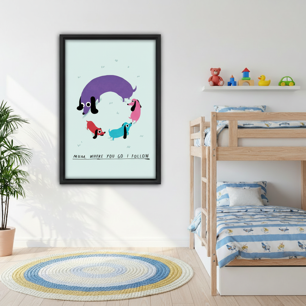 Colorful dachshund family canvas wall art in kids bedroom — fun whimsical dog illustration, ideal children's room wall decor