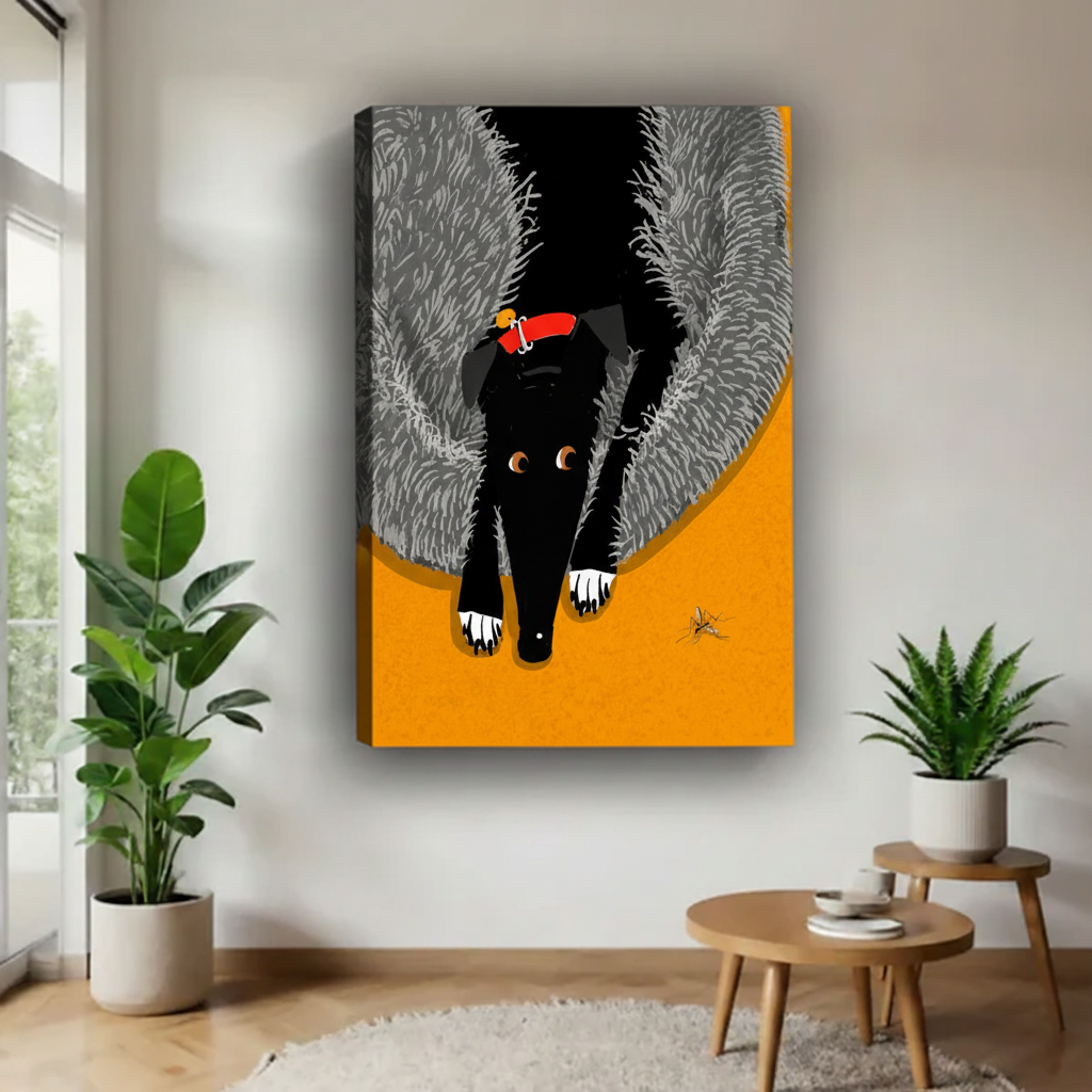 Funny black dog mosquito pop art canvas print no frame gallery wrap — bold graphic greyhound wall decor