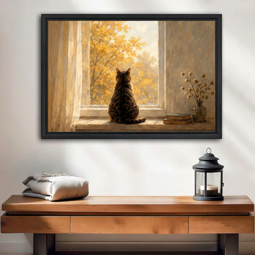 Cat watching autumn leaves framed canvas wall art print above entryway console table