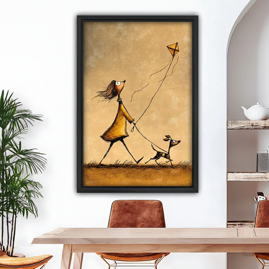 Whimsical girl walking dog kite canvas wall art in black frame above dining table, vintage sketch print for modern home decor