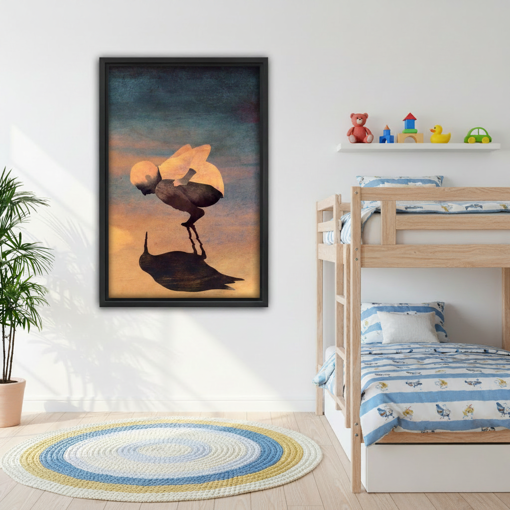 Surreal bird shadow soul framed oil painting wall art on bedroom wall, moody sunset home decor