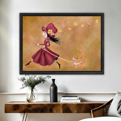 Whimsical girl in red dress walking dog autumn golden framed canvas wall art storybook style