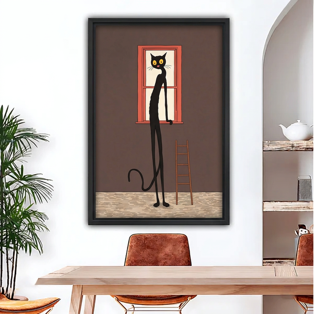 Whimsical Long-Legged Black Cat Canvas Wall Art | Framed & Unframed l4934