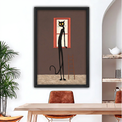 Whimsical Long-Legged Black Cat Canvas Wall Art | Framed & Unframed l4934