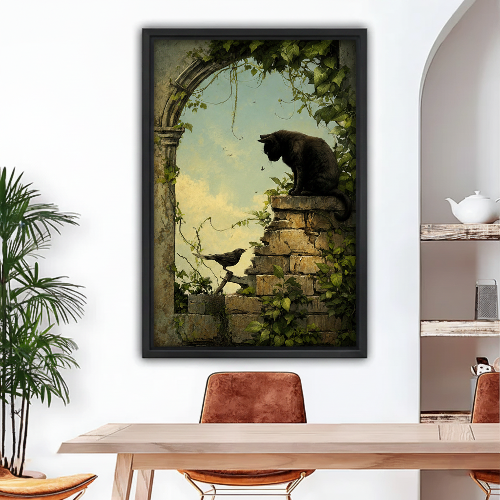 Vintage black cat garden wall art in black frame hanging above dining table in modern home